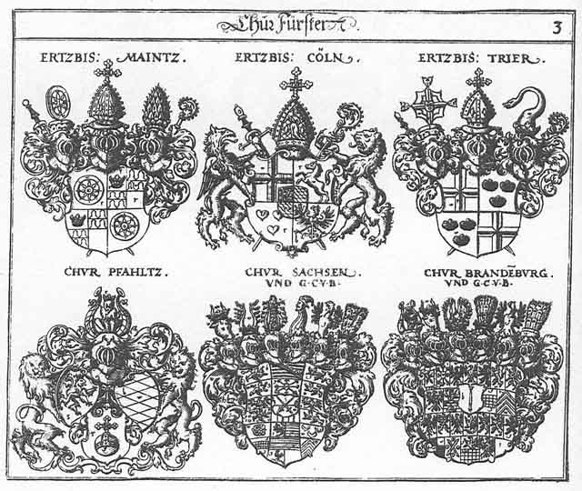 Coats of arms of Brandenburg CH, Chur Brandenburg, Chur-Cöln, Chur-Mainz, Chur-Pfaltz, Chur-Sachsen, Chur-Trier, Cöln CH, Mainz CH, Pfaltz CH, Sachsen CH, Trier Churfürst