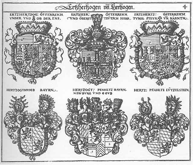 Coats of arms of Bayrn HF, Lützelstein HF, Newburg FH, Oesterreich Tyrol, Oesterreich und Oberst, Oesterreich Unterund ob der Ens, Pfaltz-Lüzelstein, Pfaltz-Neuburg, Steyrund Kärndten, Teutsch