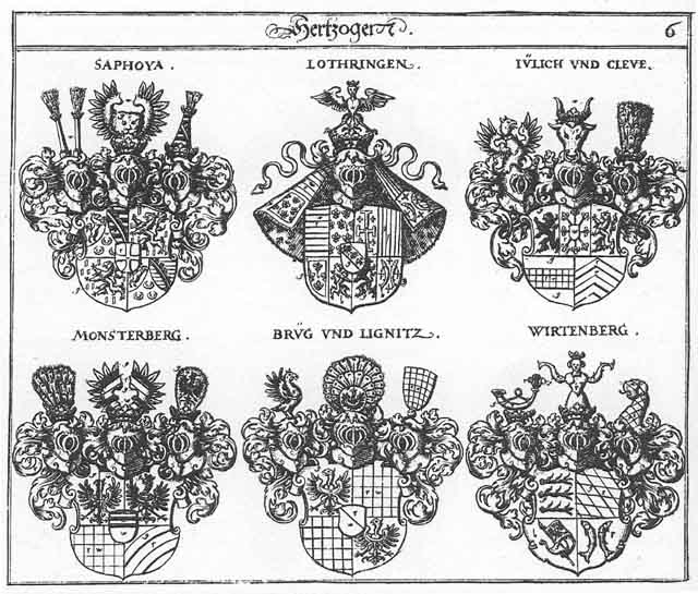 Coats of arms of Brigen HF, Brüg HF, Cleve, Jülich HF, Lignitz HF, Lothringen HF, Monsterberg HF, Saphoya HF, Savoyen HFst, Wirtemberg HF, Würtemberg HF