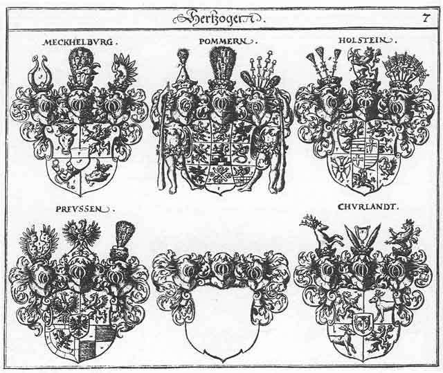 Coats of arms of Churland, Holstein FH, Mechelburg HF, Meckhelburg HF, Mecklenburg HF, Pommern HF, Preussen HF