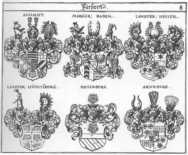 Coats of arms of Anhalt HF, Arenberg HF, Arnburg HF, Arnnburg HF, Baden HF, Hessen, Leuchtenberg Lgr, Rosenberg HF