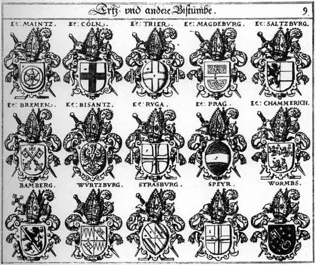 Coats of arms of Bamberg, Bisantz, Bremen, Camerick, Cammerich, Chammerich, Cöln, Magdeburg, Mainz, Prag, Riga, Ryga, Saltzburg EB Sch, Speyr, Strasburg, Trier, Wormbs, Würtzburg