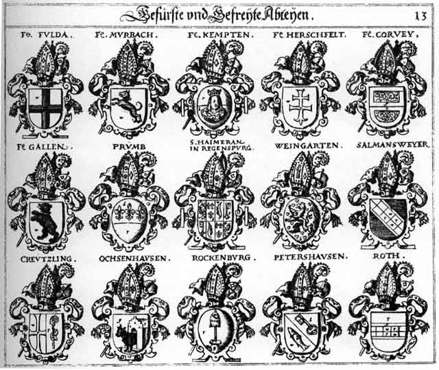 Coats of arms of Corvey, Creutzlingen, Fulda, Gallen, Haimeran, Herschfeld, Kempten, Murbach, Ochsenhausen, Petershausen, Pfrümb, Prümo, Rockenburg, Roth, Rott, Salmansweyer, Weingarten