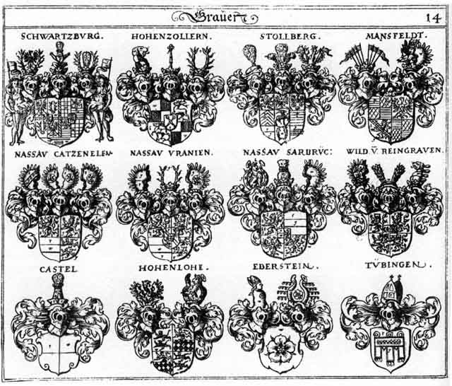 Coats of arms of Castel, Eberstein, Hohenloë, Hohenzollern, Mansfeld, Nassau-Sarbruck HF, Reingraven, Rheingraven, Schwartzburg, Stollberg, Tübingen, Wild - Reingraven