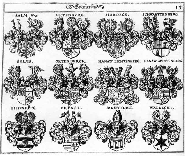 Coats of arms of Eisenberg, Eisenburg, Erbach, Erpach, Eysenburg, Hanau, Hanau - Liechtenberg, Hanau - Münzenberg, Hardeck, Montfort, Ortenburg, Ortenpurgk, Salm, Solms G, Waldeck