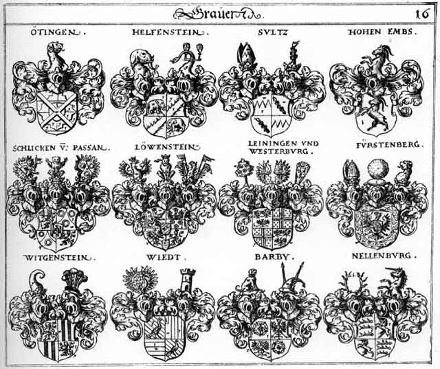 Coats of arms of Barby, Fürstenberg, Helfenstein, HohenEmbs, Leiningen, Leuenstein, Loewenstein, Löwenstein, Nellenburg, Oettingen, Oettinger, Öttingen, Schlicken, Sultz, Westerburg, Wid, Wiedt, Wittgenstein