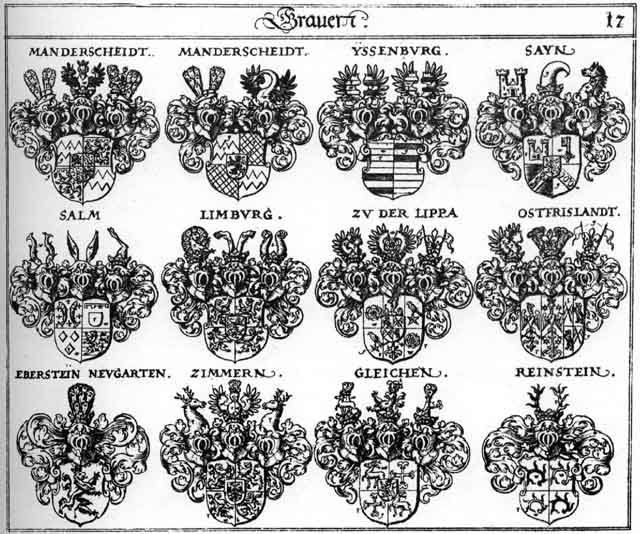 Coats of arms of Eberstein, Gleichen, Lippa, Manderscheid, Neugarten, Ost - Friesland, Reinstein, Salm, Sayn, Yssenburg, Zimmern, Zu der Lippa