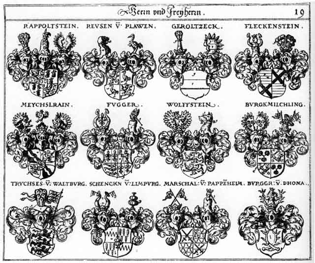 Coats of arms of Burckmilchlinus FH, Burgkmilchling FH, Dhona        FH, Dona        FH, Fleckenstein FH, Fugger FH, Geroltzegg FH, Meychslrain FH, Pappenheim FH, Rappoltstein FH, Schenck FH, Schencken FH, Truchsesen, Wolfstein FH