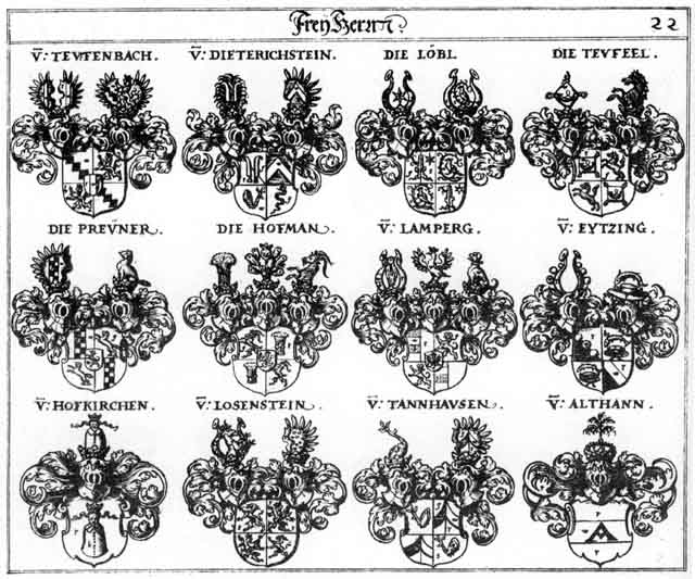 Coats of arms of Althann FH, Brein, Dietrichstein FH, Eytzing FH, Hoffkirchen FH, Hoffmann FH, Lamberg FH, Lamperg FH, Löbl FH, Loebl FH, Losenstein FH, Preine, Teuffel FH, Teuffenbach FH