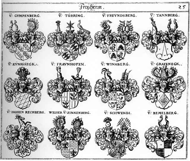 Coats of arms of Fraunhosen FH, Freündsberg FH, Gumpenberg FH, Hohenbechberg FH, HohenRechberg FH, Koenigseckh FH, Königseck FH, Rechberg FH, Schwendi F H, Tannberg FH, Thannenberg FH, Törring FH, Welser FH, Winaberg FH