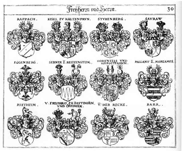 Coats of arms of Barr FH, Eggenberg FH, Freyberg FH, Hohenfels FH, Justingen FH, Kisel FH, Pallant FH, Rappach FH, Recke FH, Reiffenstein FH, Reipoltziurch FH, Riedheim FH, Rietheim FH, Saurau FH, Sebner FH, Stubenberg FH, Stubmberg FH