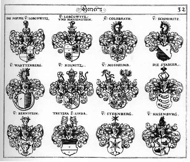 Coats of arms of Bernstein FH, Colobrath FH, Colowrat, Hafenburg FH, Hassenstein FH, Kolnitz FH, Kolobrath FH, Kolowrat, Lobkowitz FH, Mosheimb FH, Poppel V  Lobcowitz FH, Schmiritz FH, Stadler FH, Sternberg FH, Tretzka FH, Wartenberg FH