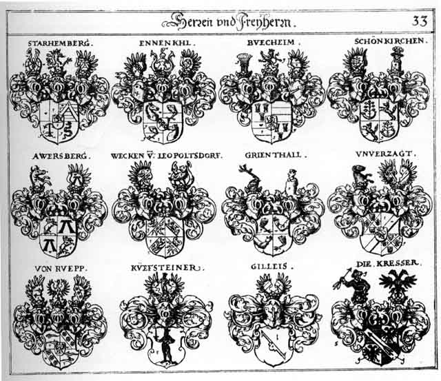 Coats of arms of Auersperg FH, Awersperg FH, Buecheim FH, Ennenckel FH, Gilleis FH, Grienthal FH, Kresser FH, Kueffsteiner FH, Ruepp FH, Schönkirchen FH, Starhemberg FH, Strahenberg FH, Unverzagt FH, Wecken FH