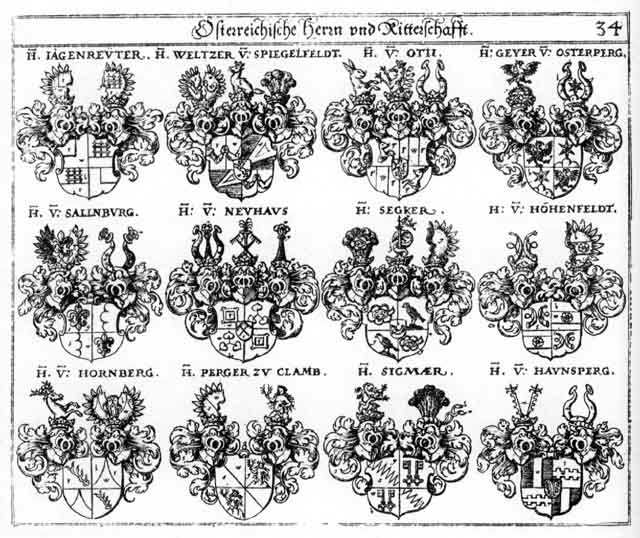 Coats of arms of Geyer, Geyer FH, Haunsberg FH, Haunsperg, Hohenfeld, Hornberg, Hornberg FH, Jagenreuter, Neuhauss FH, Oeth, Oth, Otten, Otthen, Perger, Sallnburg FH, Segker FH, Sigmaer FH, Weltzer, Weltzer FH