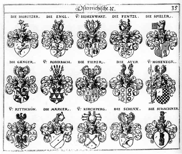 Coats of arms of Auer, Awer, Engl, Fentzl, Fierer, Gaenge, Gaenger, Gienger, Hoheneck, Hohenwart, Hohenwarter, Horitzer, Maerger, Merger, Rittschön, Schachner, Schluxen, Spiller