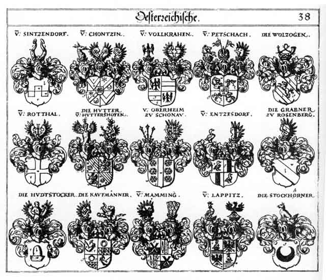 Coats of arms of Chontzin, Entzersdorff, Grabner, Hudtstocker, Huetter, Hutter, Kauffmann, Kauffmanner, Lappitz, Mamming, Oberheim, Oberheimer, Petschach, Rothall, Rotthal, Sintzendorf, Stochhärner, Vollkrahen, Wolzogen