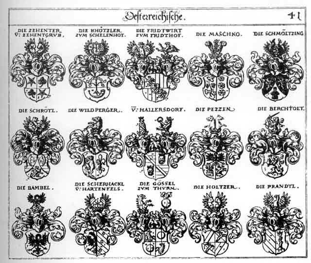 Coats of arms of Bambel, Berchtholdt, Betzen, Brandel, Brändtl, Fridtwirt, Goeffel, Gölsel, Gössl, Hallersdorff, Holtze, Holtzer, Khötzler, Kotzler, Maschko, Masco, Petzen, Pezzen, Praendl, Prändel, Schmöltzing, Schrödel, Schrötl, Wildperg, Wildperger, Zehenter