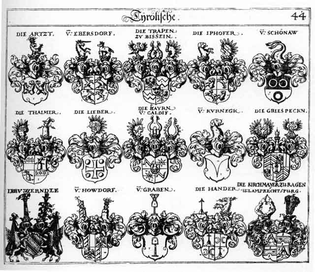 Coats of arms of Artenhoffen, Arz, Asch, Bayrn, Ebersdorff, Eberstorffer, Graben, Griespecken, Hander, Heudorff, Iphofer, Kirchmair, Kirchmairmayer, Kurnegk, Lieber, Payrn, Schönau, Schönauer, Thaimer, Trappen, Werndl, Werndle, Werndle FH