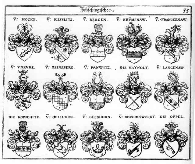 Coats of arms of Berg, Bergen, Berghen, Bischofswerd, Franckenau, Gelbhorn, Gellhorn, Haynolt, Hocke, Kesslitz, Kopschütz, Krümenaw, Langenau, Oppel, Panwitz, Reinsperg, Reinsperger, Unruhe