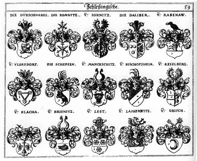 Coats of arms of Bischoffsheim, Blacha, Brisnitz, Dalibor, Dürschnabel, Jornitz, Kesselberg, Lasserwitz, Lest, Manckschitz, Obisch, Rabenaw, Romnitz, Schepsen, Ulersdorff