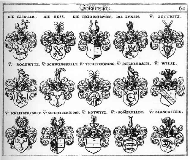 Coats of arms of Befs, Blanckstein, Kotwitz, Kotwitzs, Luxen, Reichenbach, Rogewitz, Schwenckfeldt, Sommerfeld, Tscheterwang, Tschirnhausen, Wiefe, Wiesen, Zettritz