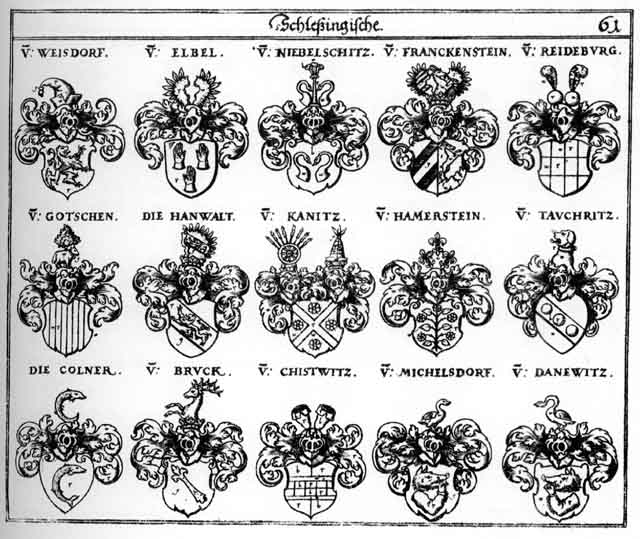 Coats of arms of Bruck, Brucken, Chistwitz, Colner, Elbel, Franckenstein, Gotschen, Hamerstein, Hammerstein, Hanwalt, Kanitz, Michelsdorff, Niebelschütz, Reideburg, Tauchritz