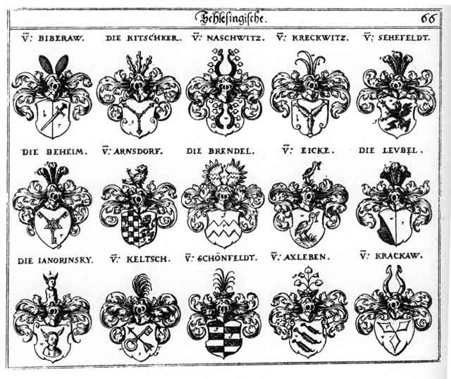 Coats of arms of Arnsdorff, Axleben, Beheim, Biberaw, Brendel, Eicke, Janorinsky, Keltsch, Kitschker, Költschen, Krackaw, Krechwitz, Leubel, Naschwitz, Schönfeld, Seefeldt, Sehefeldt