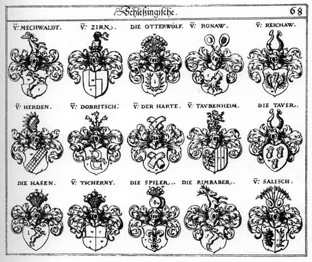 Coats of arms of Daur, Dobritsch, Haashn, Harde, Harte, Hasen, Herden, Herdt, Mechwaldt, Otterwölff, Reichaw, Rimbacher, Ronaw, Ronow, Salsch, Spiler, Taubenheim, Tauer, Tscherny, Zirn