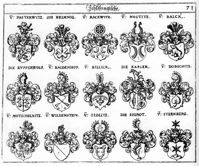 Coats of arms of Balck, Billick, Dobschitz, Kaldenhorff, Kapler, Motschelnitz, Nostitz, Pasterwitz, Rackwitz, Sigrot, Sternberg, Wildenstein, Wildensteiner