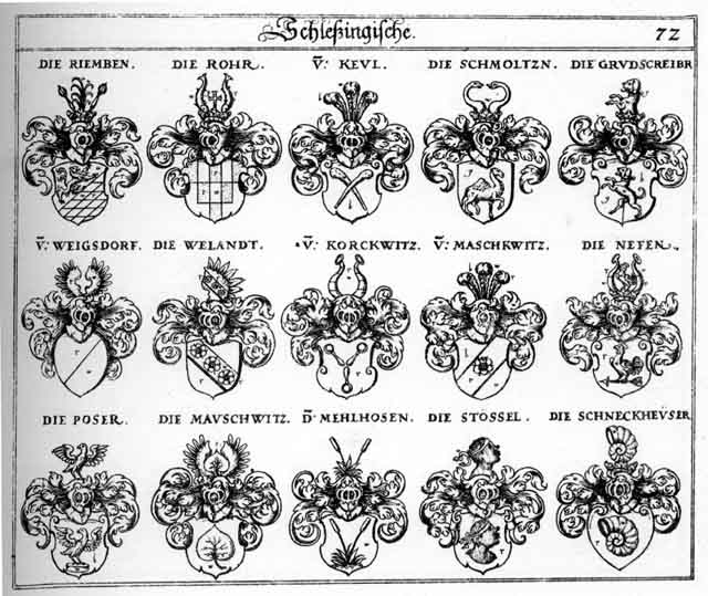 Coats of arms of Grudschreiber, Korchwitz, Maschkwitz, Maufchwitz, Meelhofen, Mehlhofen, Nefen, Poser, Riemben, Rohr, Schmoltzen, Schneckheuser, Stössel, Weigsdorff, Welend