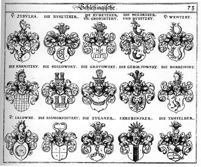 Coats of arms of Dobizinsky, Geroltowsky, Grodirtzky, Grotowsky, Jalowke, Karnitzky, Pogorsker, Rudetzker, Ruditzky, Rusetzker, Siomoruditzky, Skrebensker, Tamfelder, Zybulka, Zyganer