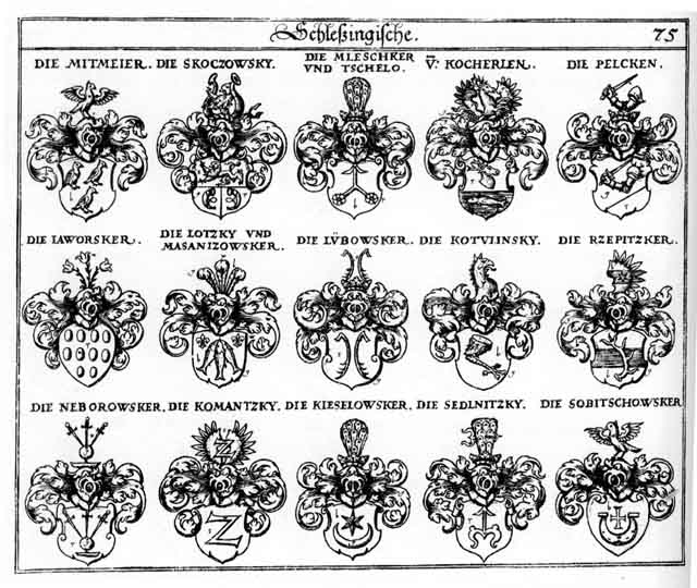 Coats of arms of Jaworsker, Kieselowsker, Kochetlen, Komantzky, Kotulinsky, Lotzky, Lübbowsker, Masanizowsker, Mitmejer, Mleschker, Neborowsker, Pelcken, Rzepitzker, Sedlnitzky, Skoczowsky, Sobitschowsker, Tschelo