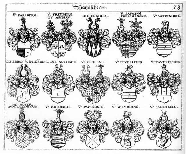 Coats of arms of Closen, Ebron, Ecker, Egger, Egker, Erbschencken V  Lauingen, Freiberger, Freyberg, Freyberger, Hofer, Hoffer, Lauming, Lobestein, Notthaften, Parsberg, Paulsdorff, Paulsdorffer, Sandicell, Satzenhofen, Tauffkirchen, Wembding