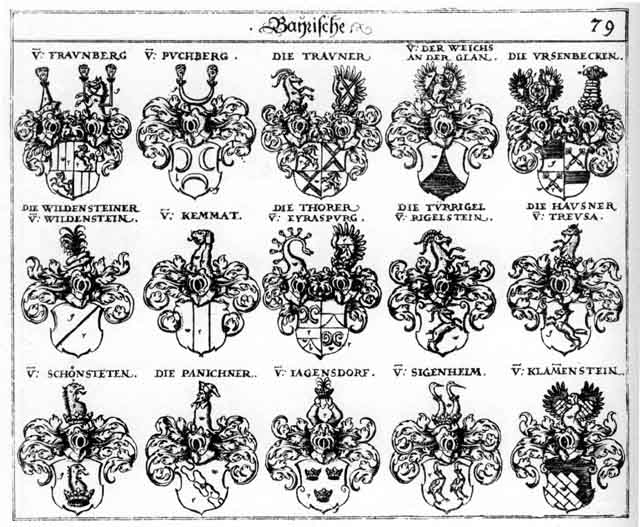 Coats of arms of Hausner, Jagensdorff, Kemmat, Klammenstein, Panichner, Schönstetten, Sigenheim, Thorer, Trauner, Turriegel, Ursenbecken, vonder Weichs, Wildenstein, Wildensteiner