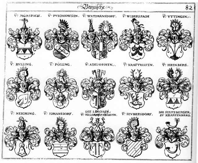 Coats of arms of Adelshoven, Bülling, Heinberg, Johansdorff, Kraffthofen, Leschen, Löschen, Moerspach, Mörspach, Neiching, Paelling, Pölling, Puechhausen, Seubersdorff, Sultzberger, Watzmansdorff, Widerspach