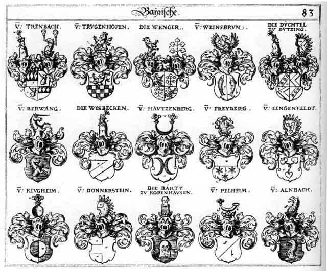 Coats of arms of Alnbach, Bart, Barten, Berwang, Berwangen, Donnerstein, Düchtel, Freiberger, Freyberg, Freyberger, Hautzenberg, Hautzenberger, Klugheim, Lengefelder, Lengenfeld, Parth, Pelheim, Trenbach, Trugenhofen, Weinsbrun, Wenger