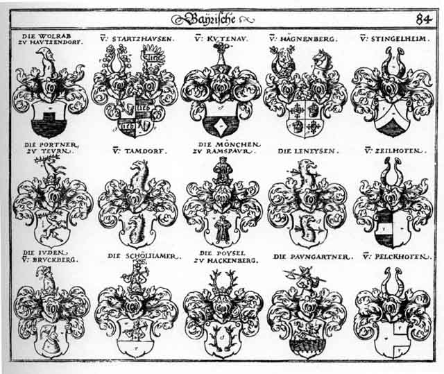 Coats of arms of Hagnenberg, Juden, Kutenau, Leneysen, Moench, Moenchen, Paungartner, Pelchofen, Portner, Poyfel, Schölhamer, Startzhausen, Stingelheim, Tamdorff, Wolrab, Wolraben, Zeilhosen