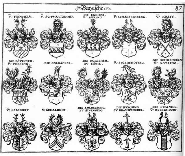 Coats of arms of Brockendorff, Ecker, Egger, Egker, Erlbecken, Goldacker, Hönheim, Koelderer, Kölderer, Kreit, Potinger, Prockendorf, Salldorff, Schaldorff, Scharffenberg, Scharpfenberg, Schrencken, Schwartzdorff, Stainer, Wensing