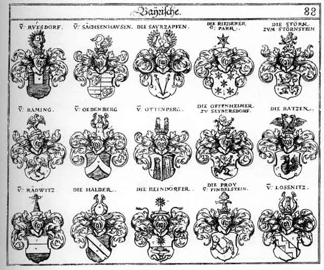 Coats of arms of Halder, Lossnitz, Oedenberg, Offenheimer, Ottenberg, Ottenberger, Proy, Rädtwitz, Raming, Ramingen, Rammingen, Ratzen, Reindörffer, Riederer, Sachsenhausen, Saurzapsen