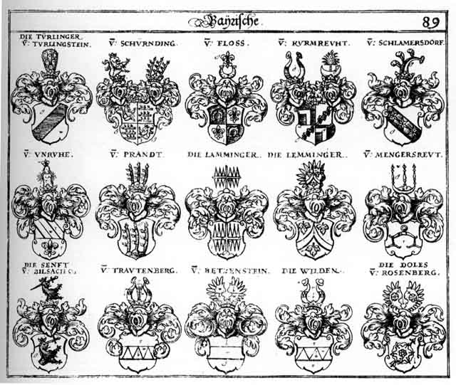Coats of arms of Betzenstein, Doles, Floss, Kürmreuht, Lamminger, Lemminger, Mengersreut, Prandt, Schlammersdorff, Schürnding, Senfft, Senfften, Trautenberg, Türlinger, Unruhe, Wilden, Wildt