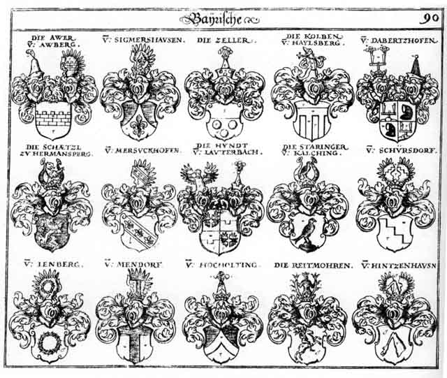 Coats of arms of Auer, Awer, Awern, Dabertzhoven, Hintzenhausen, Hocholtingen, Hund, Hundt, Kolben, Lenberg, Mendorff, Mersuckhofen, Reitmohren, Schatzl, Schürsdoff, Sigmershausen, Staringer, Tabertzhoffer, Zeller