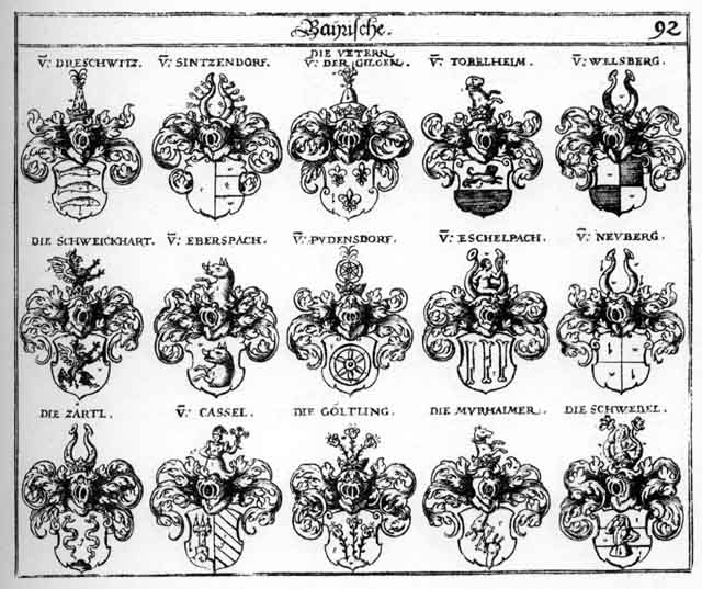 Coats of arms of Cassel, Dreschwitz, Eberspach, Eschelpach, Goettling, Göltling, Murhaimer, Neuberg, Pudensdorf, Schwebel, Schweickhart, Sintzendorf, Tobelheim, Vetter, Vettern, Vöttern, Welsberg, Zartl