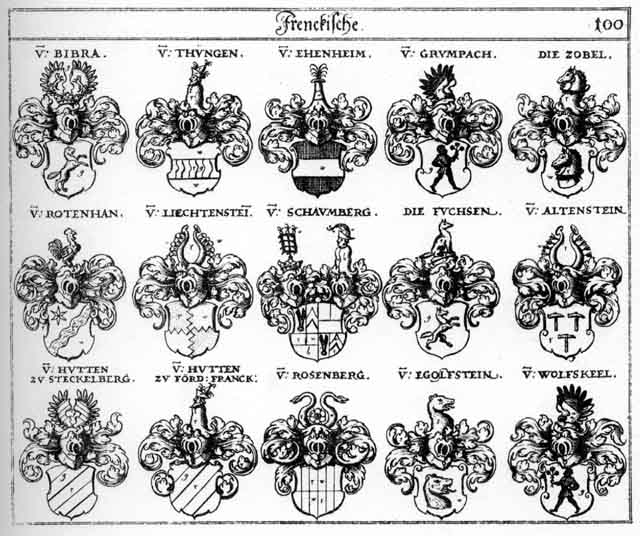 Coats of arms of Altenstein, Bibra, Dungen, Egloffstein, Ehenheim, Fuchs, Fuchsen, Grümpach, Hudte, Hütten, Lichtenstein, Liechtenstein, Rosenberg, Rosenberger, Rotenhan, Schaumberg, Thungen, Wolfskeel, Zobel