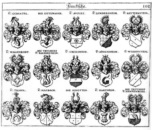 Coats of arms of Adeltzheim, Adoltzheim, Gebsattel, Gotsmaner, Hartheim, Lendersheim, Masbach, Reytzenstein, Schott, Schotten, Tann, Thann, Truchsesen, Wallenrodt, Wildenstein, Wildensteiner