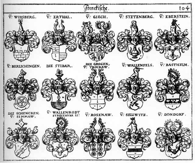 Coats of arms of Bastheim, Berlichingen, Dondorff, Eberstein, Erthal, Giech, Gross, Grossen, Rosenaw, Sellwitz, Stettenberg, Stibar, Stieber, Wallenfels, Wallenrodt, Wirsberg