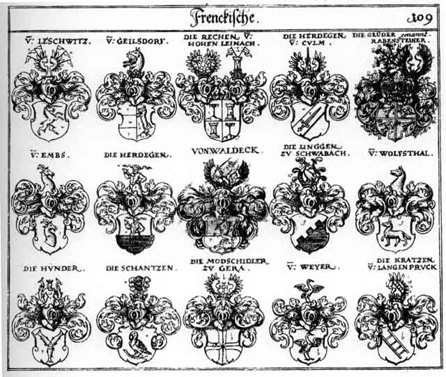 Coats of arms of Cratzn, Embs, Empz, Geilsdorff, Geuder, Herdegen, Hünder, Kratzen, Leschwitz, Linggen, Modschidler, Mudtschidler, Rabenstein, Rabensteiner, Rechen, Schantzen, Waldeckh, Weiher, Weyher, Wolfsthal