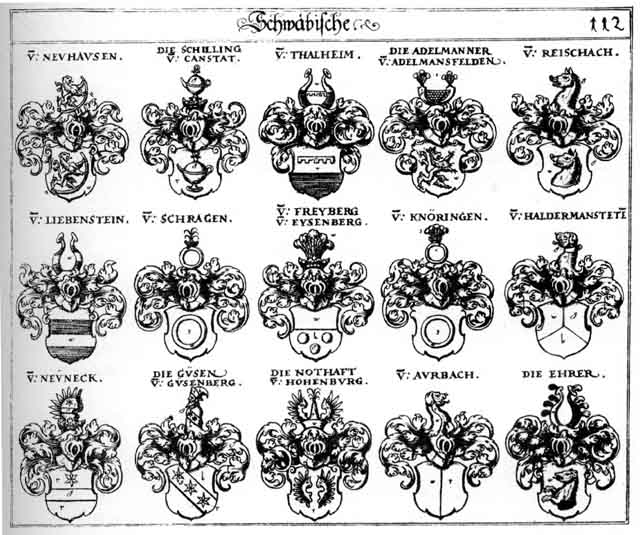 Coats of arms of Adelmänner, Aurbach, Ehrer, Freiberger, Freyberg, Freyberger, Giesen, Güsen, Haldermansteten, Knöringen, Liebenstein, Neuneck, Notthaften, Reischach, Schilling, Schrag, Schragen