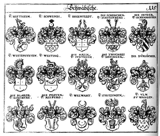 Coats of arms of Blarer, Degenfeldt, Dürlöcher, Fetzer, Haeln, Heeln, Hofinger, Pfauen, Riedheim, Rietheim, Schwendi, Stozing, Stozingen, Suntheim, Truchsesen, Vetzer, Weiting, Welwart, Westerstetten