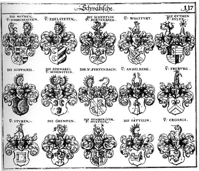 Coats of arms of Andelberg, Croaria, Edelftetten, Fortenbach, Friburg, Fryburg, Grempen, Gueten, Guthen, Gutten, Hinderöfer, Roden, Rodt, Roten, Roth, Rothen, Sättelin, Schertlin, Schwickel, Stuben, Wolffarth, Wolffarthen