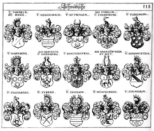 Coats of arms of Brandenburg, Brandenburger, Danckerswyl, Eyberg, Flehingen, Heggelbach, Hornberg, Horneck, Münchingen, Offtringen, Rugg, Stahlin, Stainheim, Tanneck, Thietberg, Zaiskaim